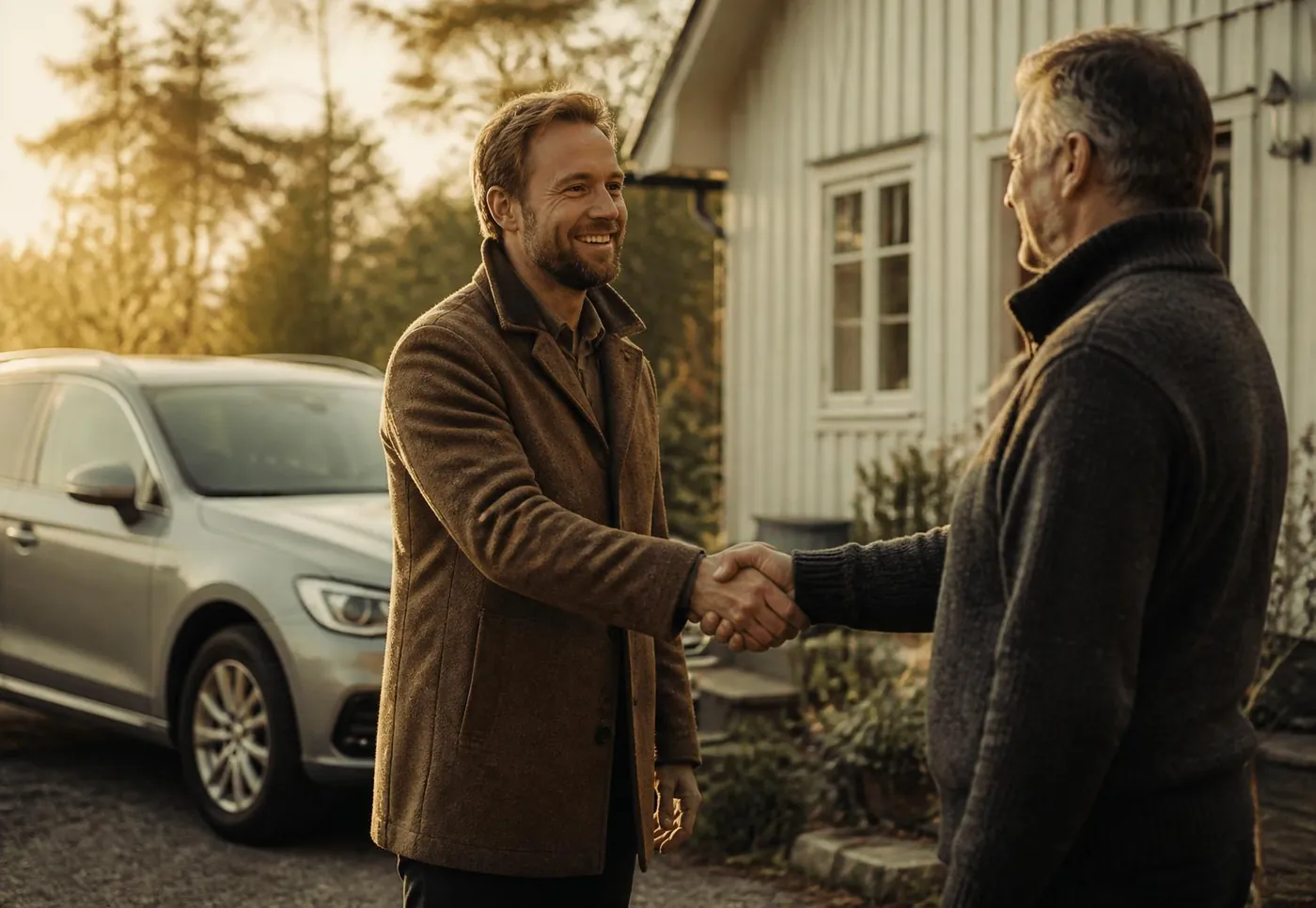 Bilinnkjøper fra Elvio håndhilser med bileier utenfor et norsk hus