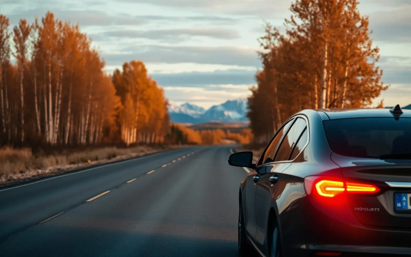 Bil parkert i veikanten ved solnedgang