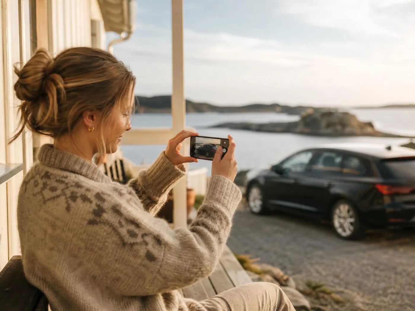Bileier tar bilder av bilen sin fra verandaen for å sende inn til Elvio
